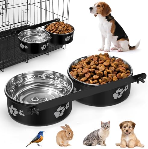 No Spill Dog Crate Water Bowls, 40oz Stainless Steel Dog Food and Water Bowl Set for Large/Medium/Small Pets, Detachable Hanging Pets Bowls for Cage, Kennel, Crate(Black)