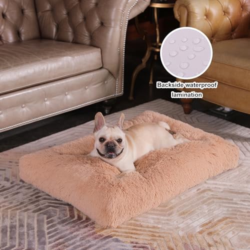 Bedfolks Plush Waterproof Dog Crate Bed, Removable Washable Cover, Faux Fur Pad for Medium Dogs, 29"x21", Camel