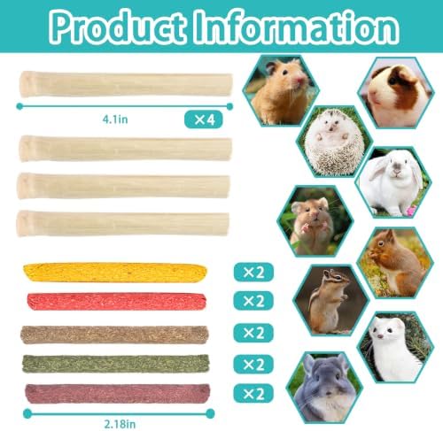 QWR 23 PCS Natural Wooden Rabbit Toys,Safe Bunny Chew Toys for Teeth,Grass Timothy Sticks,Sweet Bamboo,Guinea Pigs Teeth Grinding Toys for Chinchillas, Hamsters & Small Animals - Indoor & Outdoor