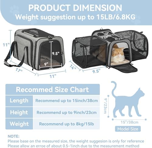 Petsfit 17" x 11" x 11" Airline-Approved Expandable Pet Carrier, 2X Square Expansion Reduces Pet Anxiety, Escape-Proof Self-Locking Zippers, 5 Easy-Access Entrances, for Cats & Small Dogs up to 15 lbs