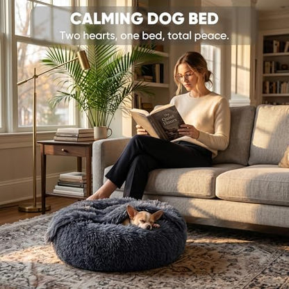 Himax Dog Beds for Small Dogs, Donut Dogs Beds with Blanket Attached, Calming Dog Bed Washable (20"/26"/35") Grey