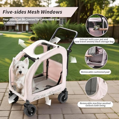 EchoSmile 4-Wheel Pet Stroller for Dogs & Cats, Up to 135 lbs, Pink