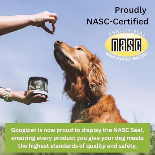 Googipet Dog Allergy Chews, Seasonal Dog Allergy Relief & Itchy Skin Relief, Skin & Coat Supplement Colostrum, Coconut Oil, Omega 3 Fish Oil, & Bee Pollen for Dogs Itch Relief