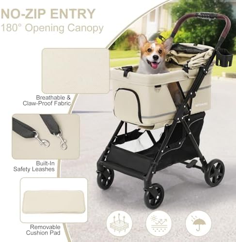 Dog Stroller with No-Zip Buckle Canopy, fits 2 Small Cats or 1 Medium pet,44 lbs Capacity One-Hand Fold,Lockable Front Wheels, Rear Brake