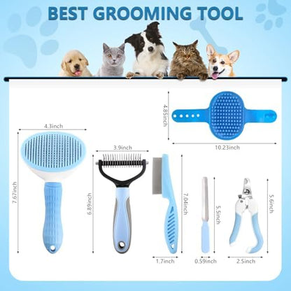 Dog Brush Dog Grooming Kit 6PCS Dog Brush for Shedding-Dog Brushes for Grooming, Dematting Comb for Dogs, Cat Nail Clipper with Nail File, Flea Comb, Bath Brush(Blue)