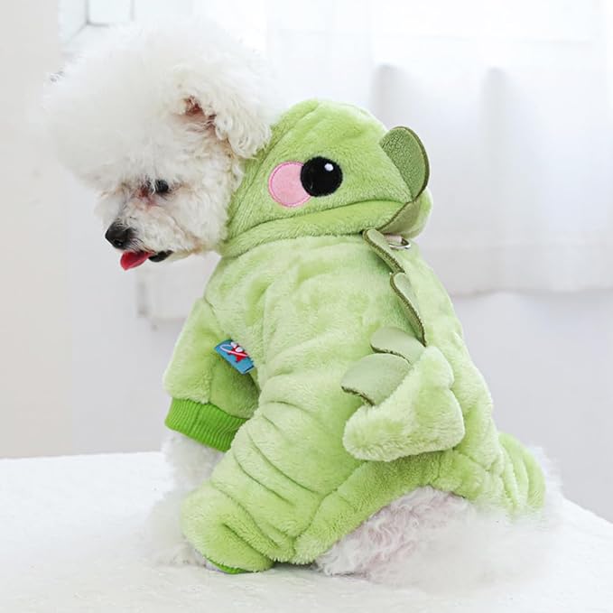 Dinosaur Dog Costume, Winter Dog Pajamas for Small Dogs, Warm Puppy Hoodies, Blue Cold Weather Coat for Cat, Warm Pet Clothes for Christmas Halloween. (Green-2, X-Large)