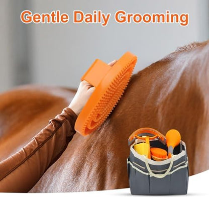 Horse Grooming Kit, 12-Piece Horse Brush Set with Storage Tote, Grey