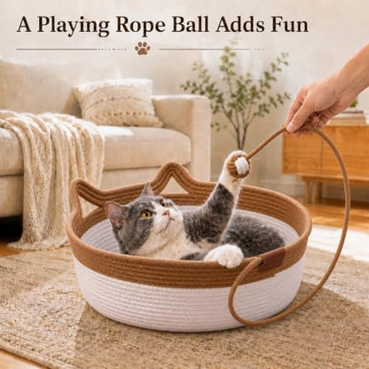 Natural Rope Cat Basket, Handmade Cotton Cat Bed with Ball, Large