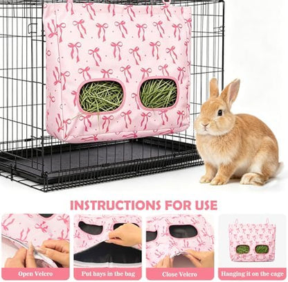 JarThenaAMCS 2Pcs Rabbit Hay Feeder Bag with 2 Holes Pink Bow Guinea Pig Hanging Hay Feeding Bag Large Storage Dispenser for Chinchilla Hamster Bunny Small Animal Pet