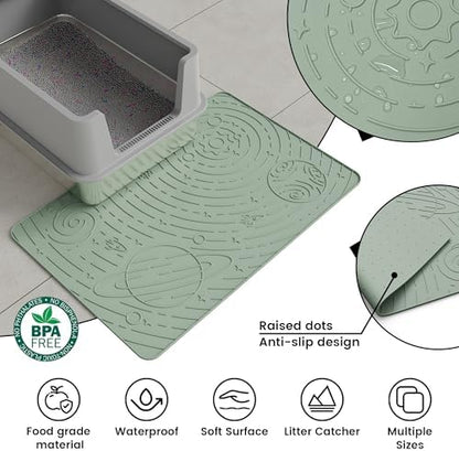 OHMO Cat Litter Mat Medium 23.6x15.7in, Sage Green Silicone Rubber Scatter Control Kitty Litter Box Trapping Mat, Waterproof Easy to Clean, Odorless Pet Supplies, Indoor Cat Essentials