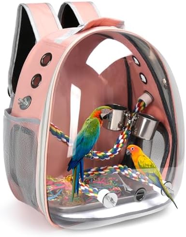 Bird Backpack Carrier, Travel Bird Cage for Small Medium Size Parrot Parakeet Budgies Cockatiel, Portable Clear Bubble Window Bag with Stainless Steel Tray Food Bowl Standing Perch (Pink)