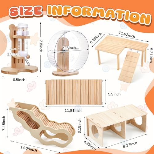 6 Pcs Hamster Toys Set, Maze Wood House, Climbing Ladder Wooden Bridge Tunnel Toy Platform Silent Exercise Running Wheels and Water Bottle Set for Rat Guinea Pig Habitat Cage(Premium)