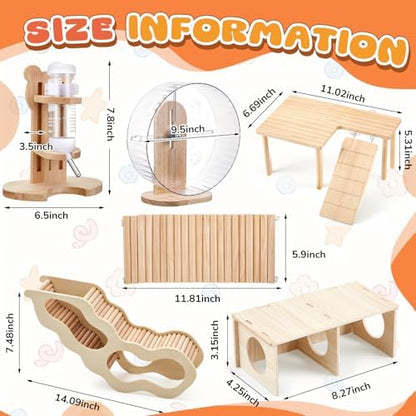 6 Pcs Hamster Toys Set, Maze Wood House, Climbing Ladder Wooden Bridge Tunnel Toy Platform Silent Exercise Running Wheels and Water Bottle Set for Rat Guinea Pig Habitat Cage(Premium)