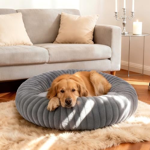 Calming Dog Bed Anti-Anxiety Donut Dog Beds for Small Medium Large Dogs,Washable Plush Fluffy Indoor Cat Kitten Round Cuddler Cushion (Deep Grey, Large-34 inch)