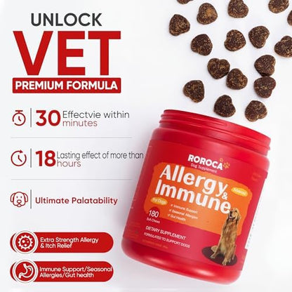 Dog Allergy Relief Chews – Anti Itch & Skin Support for Dogs, Stops Scratching, Paw Licking & Hot Spots, Probiotics for Gut & Immune Health, Chicken Flavor, 180 Soft Chews