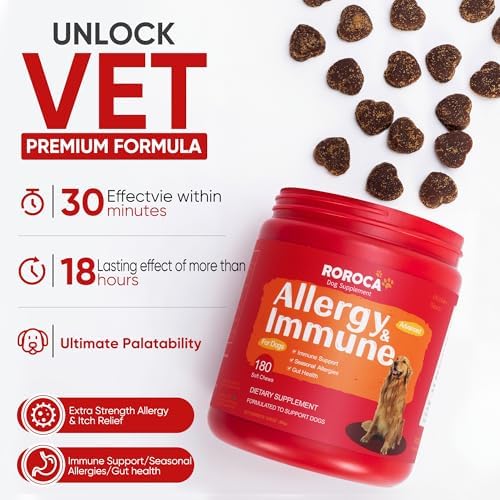 Dog Allergy Relief Chews – Anti Itch & Skin Support for Dogs, Stops Scratching, Paw Licking & Hot Spots, Probiotics for Gut & Immune Health, Chicken Flavor, 180 Soft Chews
