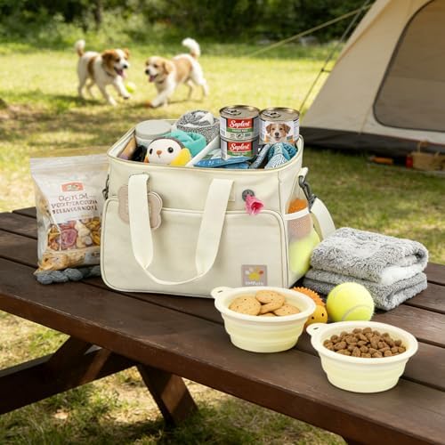 Pet Travel Bag, Large Beige Dog Carrier with Multiple Compartments and Adjustable Straps, Dog Suitcase for Weekend Camping, Pet Diaper Bag for Travelling(Beige)