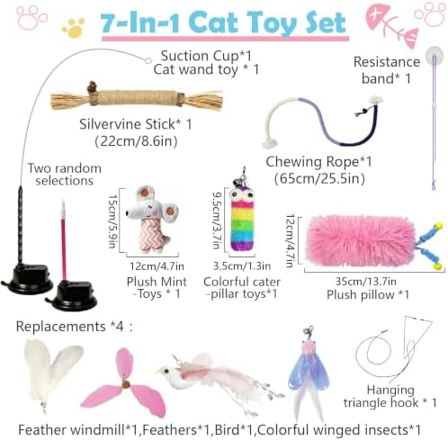 7-in-1 Kitten Toys for Indoor Cats with Washable Adhesive Suction Cup, Hanging Interactive Cat Toys, Silvervine Stick and Sisal Chew Rope Catnip Teething Toy for Bored Kitten (Pink)