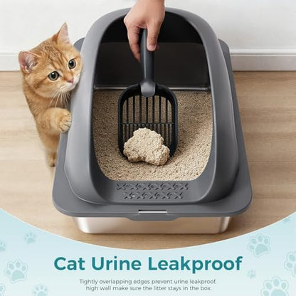 OLIXIS Stainless Steel Large Cat Litter Box with Lid, High Wall Sides