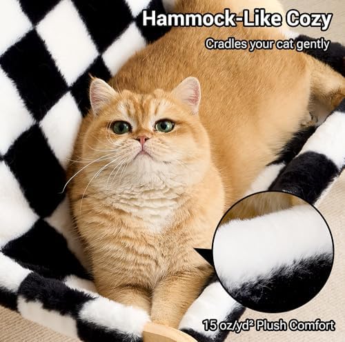 Solid Wood Cat Couch Bed for Indoor Cats, Modern Cat Sofa with Ultra-Soft Plush Surface Washable, Reclined Backrest, Elevated Plush Cat Lounge for Small to Adult Cats, Black & White