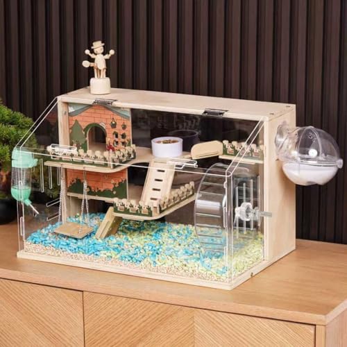 11 in 1 Wooden Hamster Cage with All Accessories, 19.3" 3-Layer Dwarf Hamster Cage Acrylic,Small Animal Cages, Pastoral Style Mouse Cage for Mice, Hedgehog and Small Pets, with Stairs, Fences, Swing