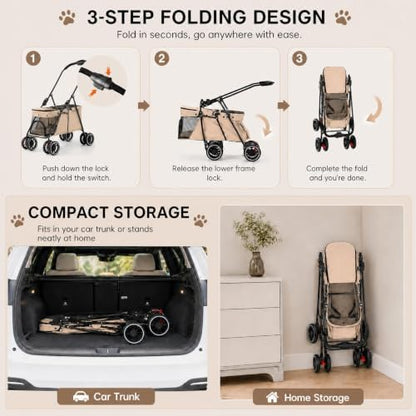 YYW Double Pet Stroller Foldable 2 Carriages Lockable Wheels Khaki