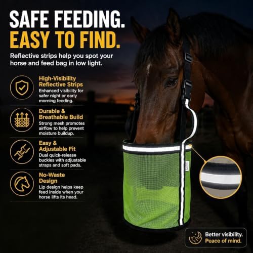 Horse Feed Bag,Heavy Duty Muzzle Feed Bag with Adjustable Strap,Comfort Neck Pad,Nose Pad and Double Waterproof Bottom Mesh Feed Bags for Horse Pack of 2 (Green & Pink(Reflective))