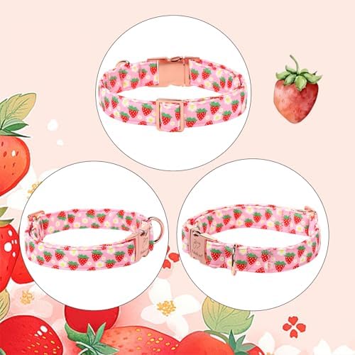 Strawberry Dog Collar for Puppy Small Dogs - Adjustable Spring Summer Pink Girl Dog Collars, Cute Girly Female Pet Collar with Metal Buckle XS