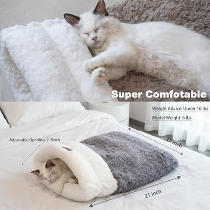 Self Warming Cat Cave Bed, Double-Layer Faux Fur Sleeping Bag Grey