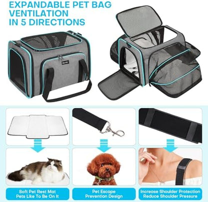 Pet Carrier, Large Soft Sided Expandable Travel Carrier with Steel Frame, Anti-Scratch Mesh, Removable Fleece Pad and Pockets for Cats, Dogs and Small Animals up to 15 lbs (Gray, 5 Sides Expandable)