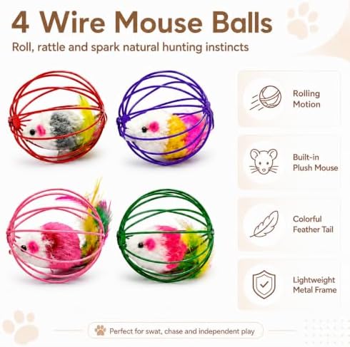 Cat Toys for Indoor Cats, 4 Wire Mesh Mice & 12 Colorful Springs
