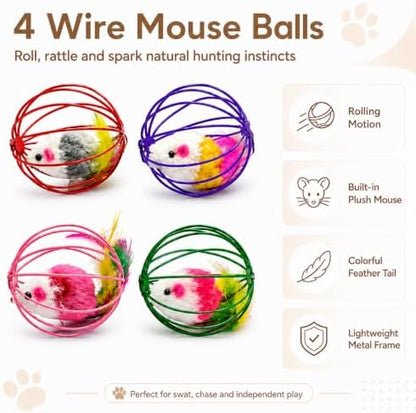 Cat Toys for Indoor Cats, 4 Wire Mesh Mice & 12 Colorful Springs
