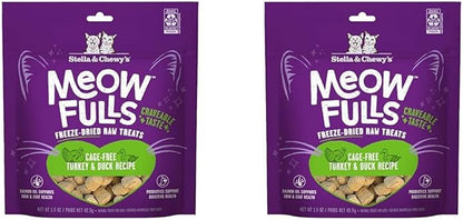 Stella & Chewy's Meowfulls Freeze Dried Cat Treats - Turkey & Duck Recipe - Raw Protein with Probiotics-& Salmon Oil - 1 Calorie Per Treat - 1.5 oz,(Pack of 2)