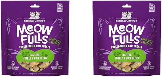 Stella & Chewy's Meowfulls Freeze Dried Cat Treats - Turkey & Duck Recipe - Raw Protein with Probiotics-& Salmon Oil - 1 Calorie Per Treat - 1.5 oz,(Pack of 2)