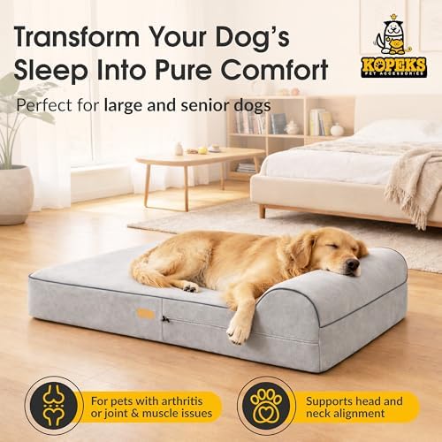 KOPEKS Orthopedic Memory Foam Dog Bed 7" Inch Thick Extra Large Dog Bed With Pillow Grey 50"x34"x10" Includes Waterproof Liner & Durable Removable Cover With Smart Design