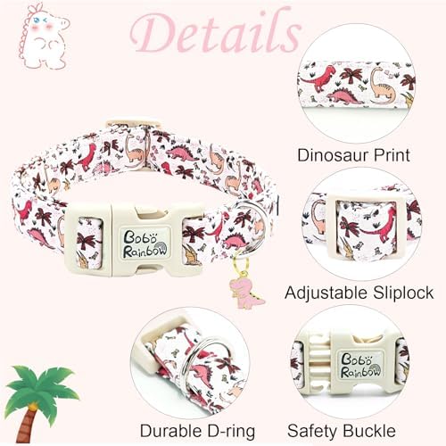 Dog Collar-Pink Dinosaur Print Adjustable Pet Collars Cute Soft Comfortable Cotton Puppy Collar Durable Gift for Small Dogs