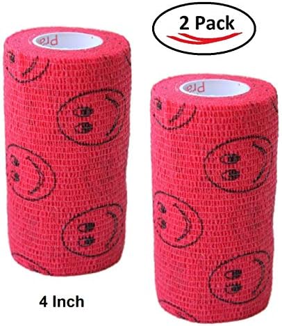 2 Pack Premium Vet Wrap - Self Adhesive Bandage Wrap & Athletic Tape- 4" x 5 Yards Elastic & Self-Sticking Cohesive Bandage for Pets, Sports, Wrists, & Ankles - Red with Smiles by Prairie Horse Supply