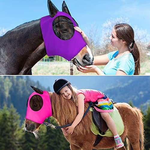 Weewooday 2 Pcs Horse Fly Mask with Ears, Soft Stretchy Horses Face Masks for Flies, Breathable Mesh Eye Cover, UV Protection Horse Masks for Pasture, Barn, Turnout(L,Purple, Pink)