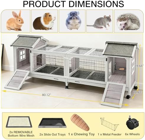 Rabbit Hutch Indoor Outdoor, Large Bunny Cage with Double House and Run, 10.4 ft² Guinea Pig House, Upgrade Deeper No-Leak Trays, On Wheels for Easy Moving