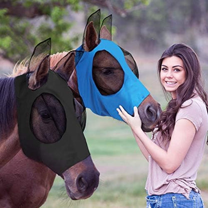 Weewooday 2 Pcs Horse Fly Mask with Ears, Soft Stretchy Horses Face Masks for Flies, Breathable Mesh Eye Cover, UV Protection Horse Masks for Pasture, Barn, Turnout(L,Blue, Black)