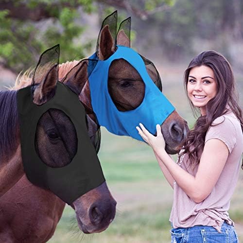 Weewooday 2 Pcs Horse Fly Mask with Ears, Soft Stretchy Horses Face Masks for Flies, Breathable Mesh Eye Cover, UV Protection Horse Masks for Pasture, Barn, Turnout(L,Blue, Black)