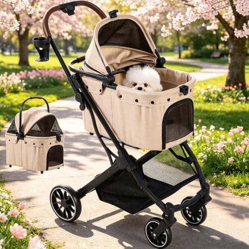Dog Stroller for Small to Medium Dogs with Detachable Carrier, Beige