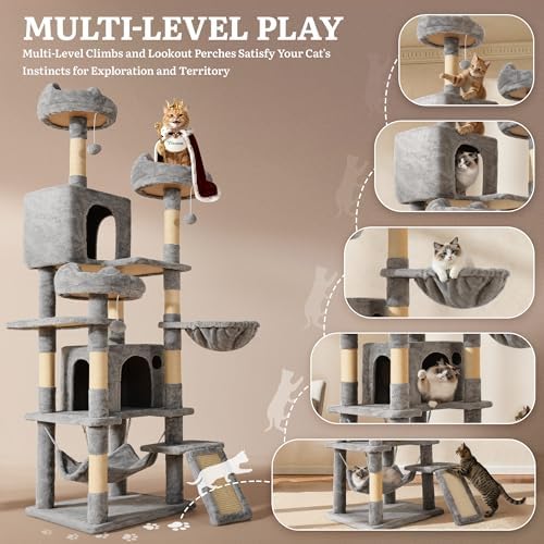YITAHOME Tall Cat Tree for Indoor Cats, 75 inch Multi-Level Cat Tower with Cat Condos, Top Perches, Sisal Ramp Scratching Posts, Cozy Basket, Hammocks, Large Cat Pet Activity Structure, Light Gray