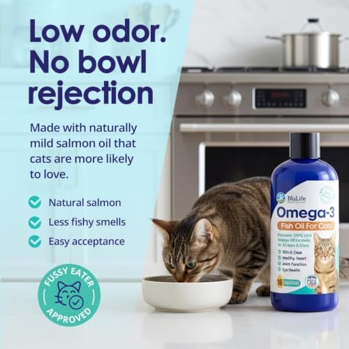 Premium Omega 3 Fish Oil for Cats - Wild Alaskan Salmon Oil Supplement for Skin and Coat - Liquid Cat Supplement for Shedding Control & Cat Dandruff (4, Fluid Ounces)
