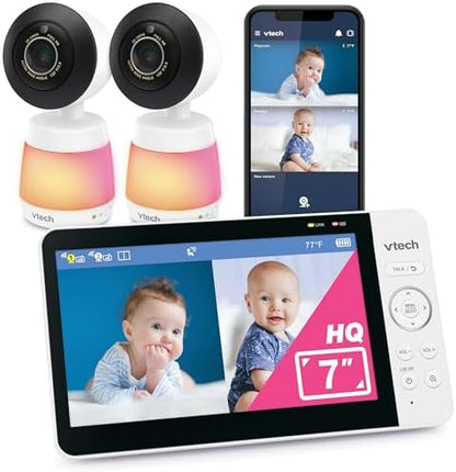 VTech Smart WiFi Baby Monitor, 2 Cameras for Twins & Two Rooms – 7" Split Screen, 2K Sensor, Wide-Angle View, Free App, Night Light, Two-Way Talk | Smart Max Twin