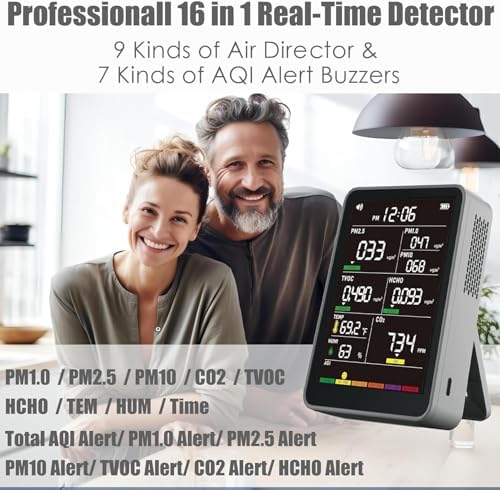 16-in-1 Indoor Air Quality Monitor, High-Precision Multi-Parameter Smart Air Quality Tester with HD Real-Time Color Screen, Portable Air Quality Monitor for Home, Office, Cars, School, Bedroom