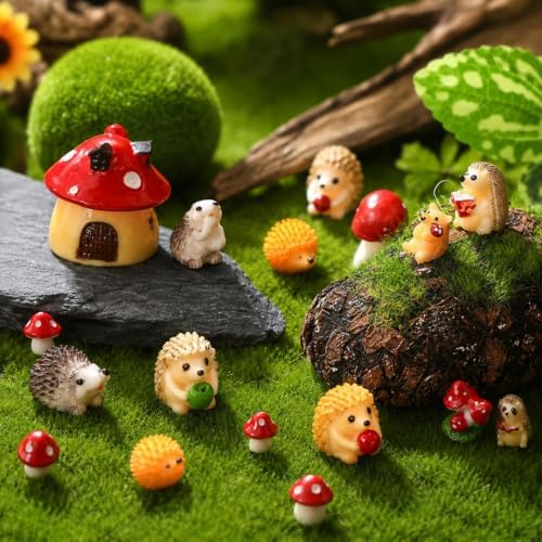 Woanger 30 Pcs Fairy Garden Accessories Hedgehog Mushroom Figurines, Cute