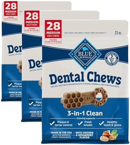 Blue Buffalo Dental Chews Medium Natural Dog Treats, Chicken & Spearmint 23-oz Bag (28 Count) (Pack of 3)