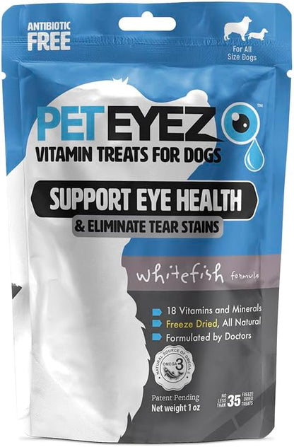 PetEyez Vitamin Tear Stain Remover Vitamin Treats for Dogs - Support Eye Health & Reduce Itching & Tear Stain Buildup - 100% Natural Dog Treats w/Superfoods & Antioxidants - Whitefish Flavor - 1oz