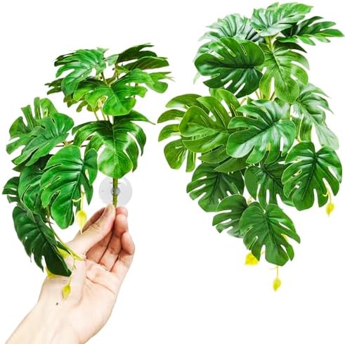 Woyrise 2Pack Reptile Plants, Terrarium Hanging Plant Vines, Artificial Leaves with Suction Cup, Bearded Dragon Tank Accessories for Gecko Lizard Snake Frog Tortoise Decorations -Monstera